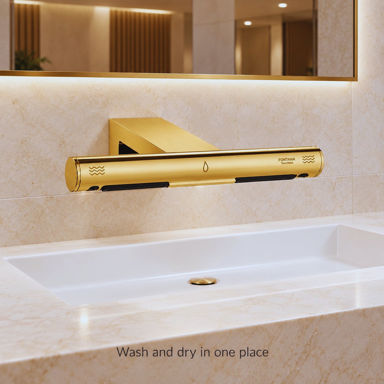 Wall-mount touchless faucet and coordinated dispenser